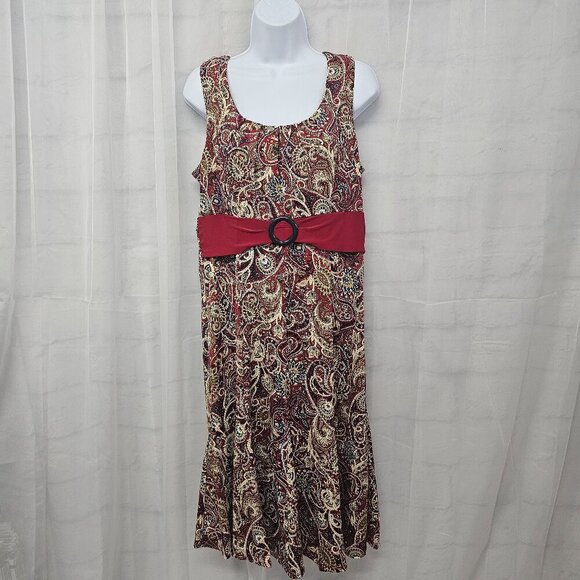 Perceptions Red Tan Paisley Midi Dress Sleeveless Boho L - Picture 1 of 12